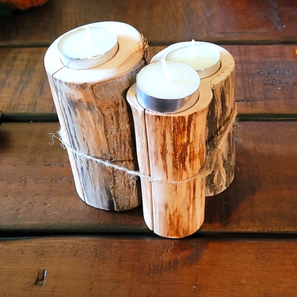 Set of 3 Natural Wood tealight holders - Picture 2 of 7